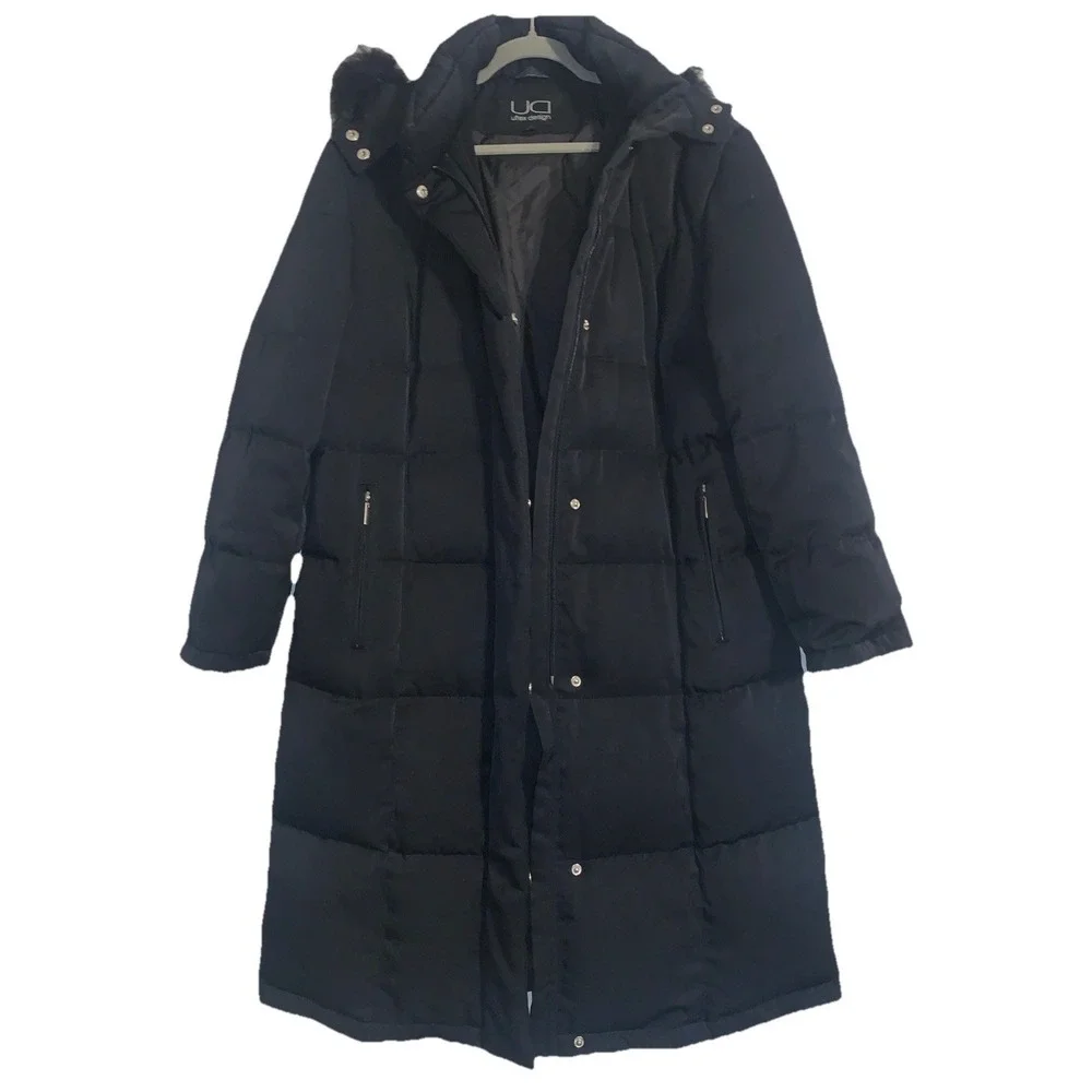 Utex Design Womens L Parka Down Puffer Coat Hooded Fur Quilted Black Long Jacket